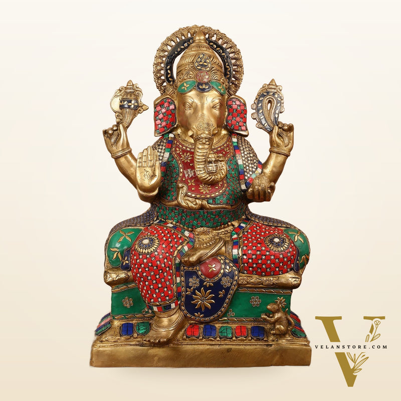 Handcrafted Brass Lord Ganesha Statue with Stonework – 24 Inches Tall