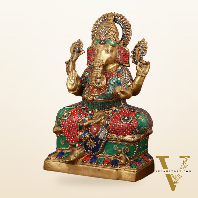 Handcrafted Brass Lord Ganesha Statue with Stonework – 24 Inches Tall