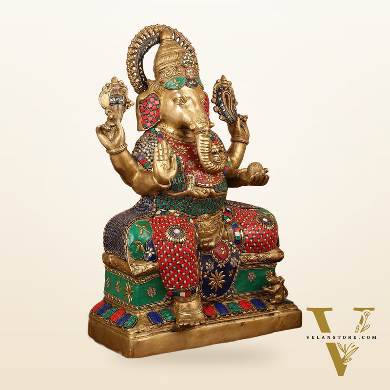 Handcrafted Brass Lord Ganesha Statue with Stonework – 24 Inches Tall