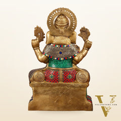 Handcrafted Brass Lord Ganesha Statue with Stonework – 24 Inches Tall