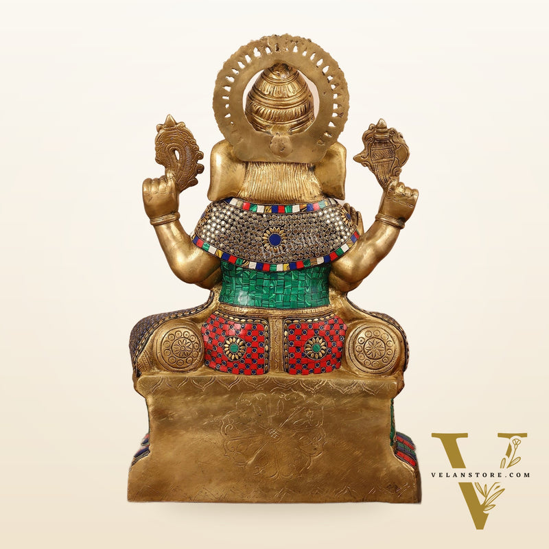 Handcrafted Brass Lord Ganesha Statue with Stonework – 24 Inches Tall