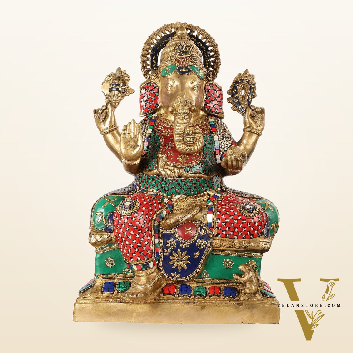 Handcrafted Brass Lord Ganesha Statue with Stonework – 24 Inches Tall