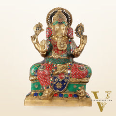 Handcrafted Brass Lord Ganesha Statue with Stonework – 24 Inches Tall