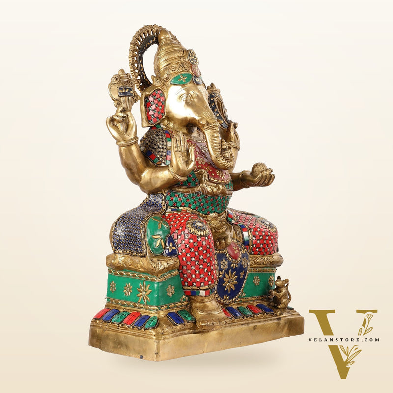 Handcrafted Brass Lord Ganesha Statue with Stonework – 24 Inches Tall