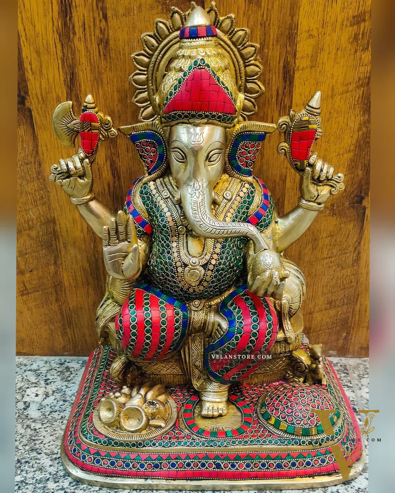 Handcrafted Brass Lord Ganesha Statue with Stonework - Big Size, Engraved Base 17"