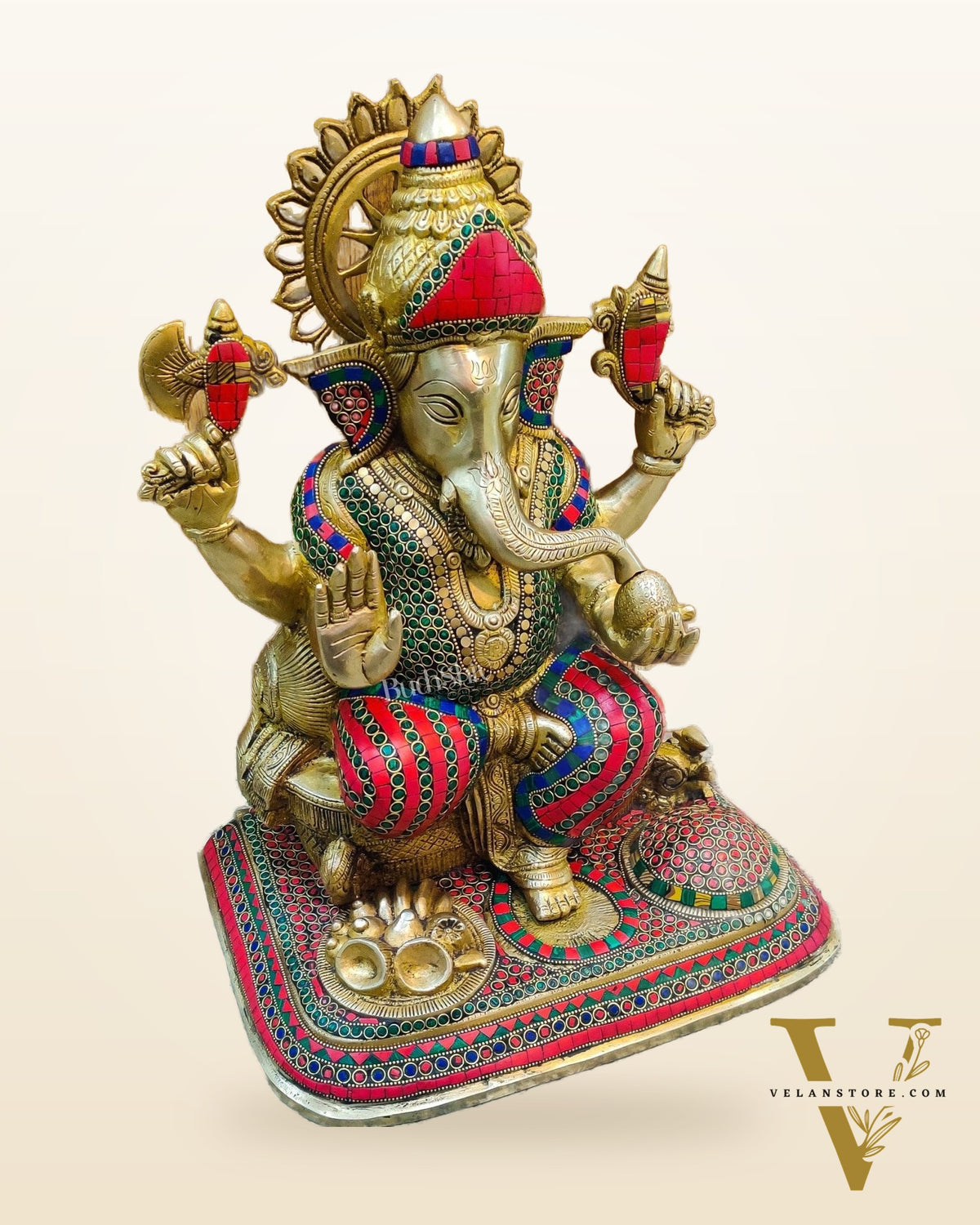 Handcrafted Brass Lord Ganesha Statue with Stonework - Big Size, Engraved Base 17"