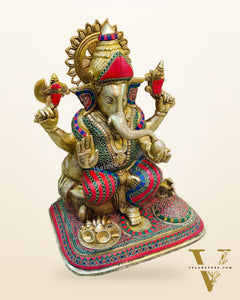 Handcrafted Brass Lord Ganesha Statue with Stonework - Big Size, Engraved Base 17"