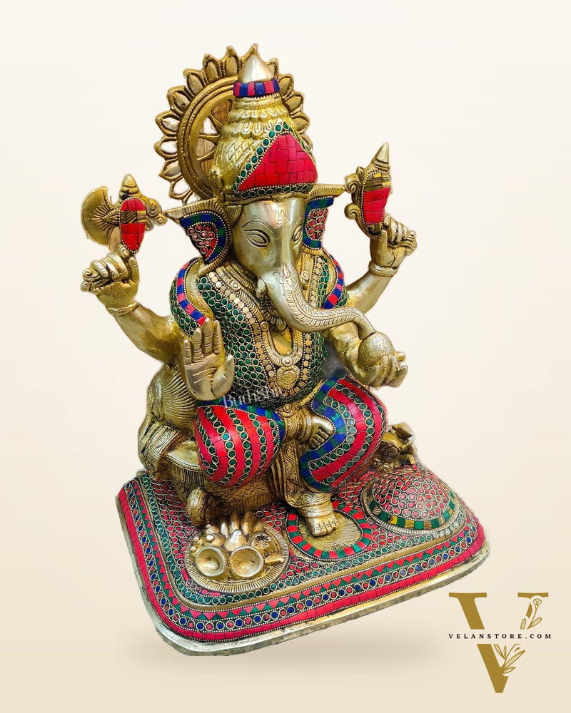 Handcrafted Brass Lord Ganesha Statue with Stonework - Big Size, Engraved Base 17"