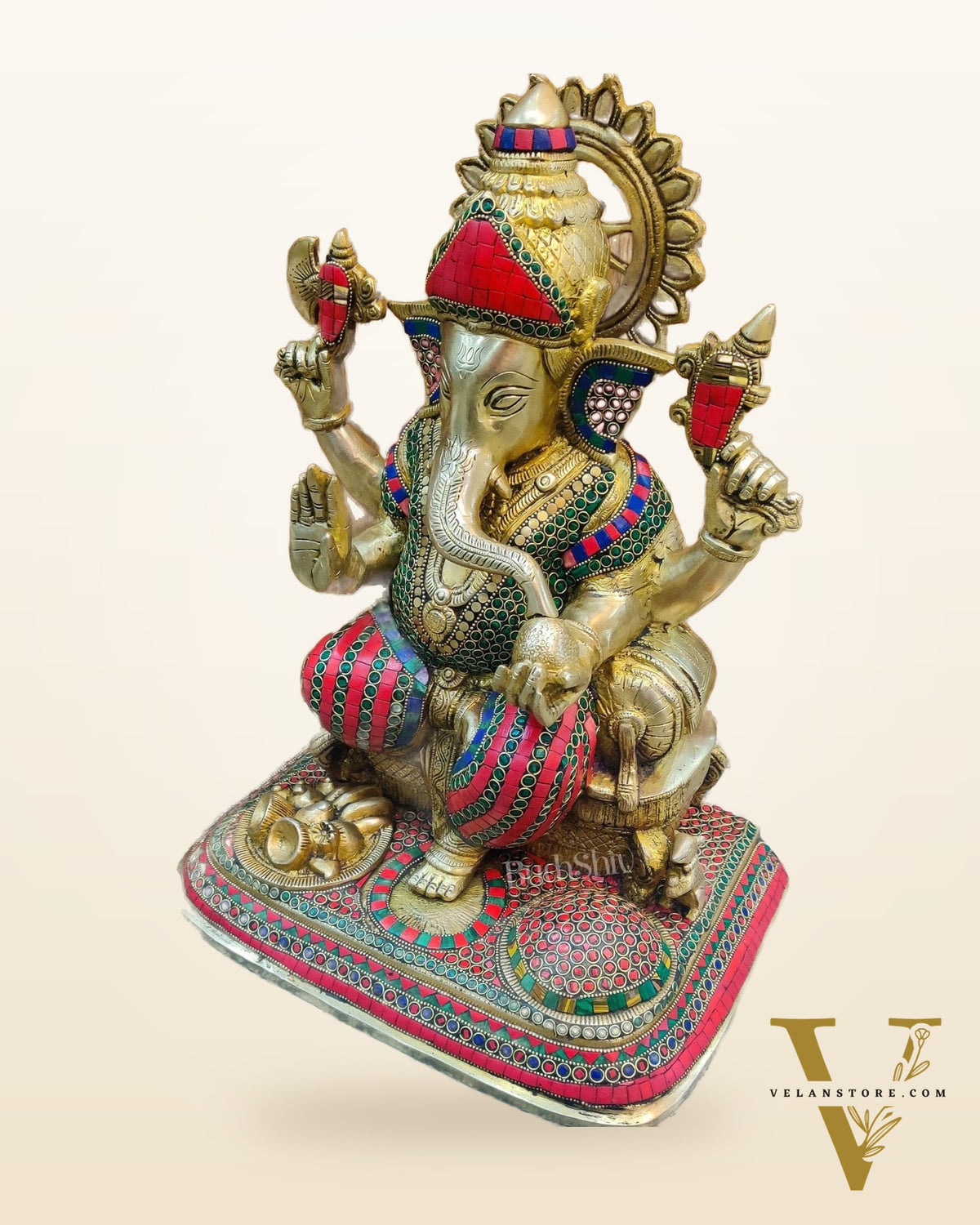 Handcrafted Brass Lord Ganesha Statue with Stonework - Big Size, Engraved Base 17"