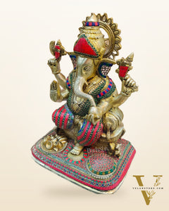Handcrafted Brass Lord Ganesha Statue with Stonework - Big Size, Engraved Base 17"