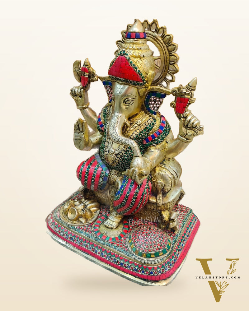 Handcrafted Brass Lord Ganesha Statue with Stonework - Big Size, Engraved Base 17"