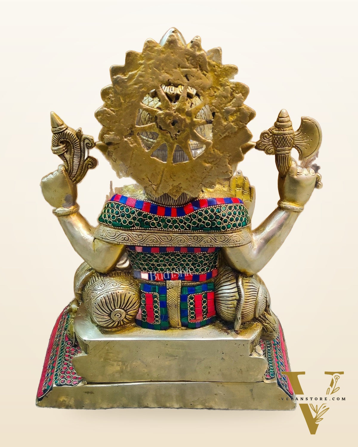 Handcrafted Brass Lord Ganesha Statue with Stonework - Big Size, Engraved Base 17"