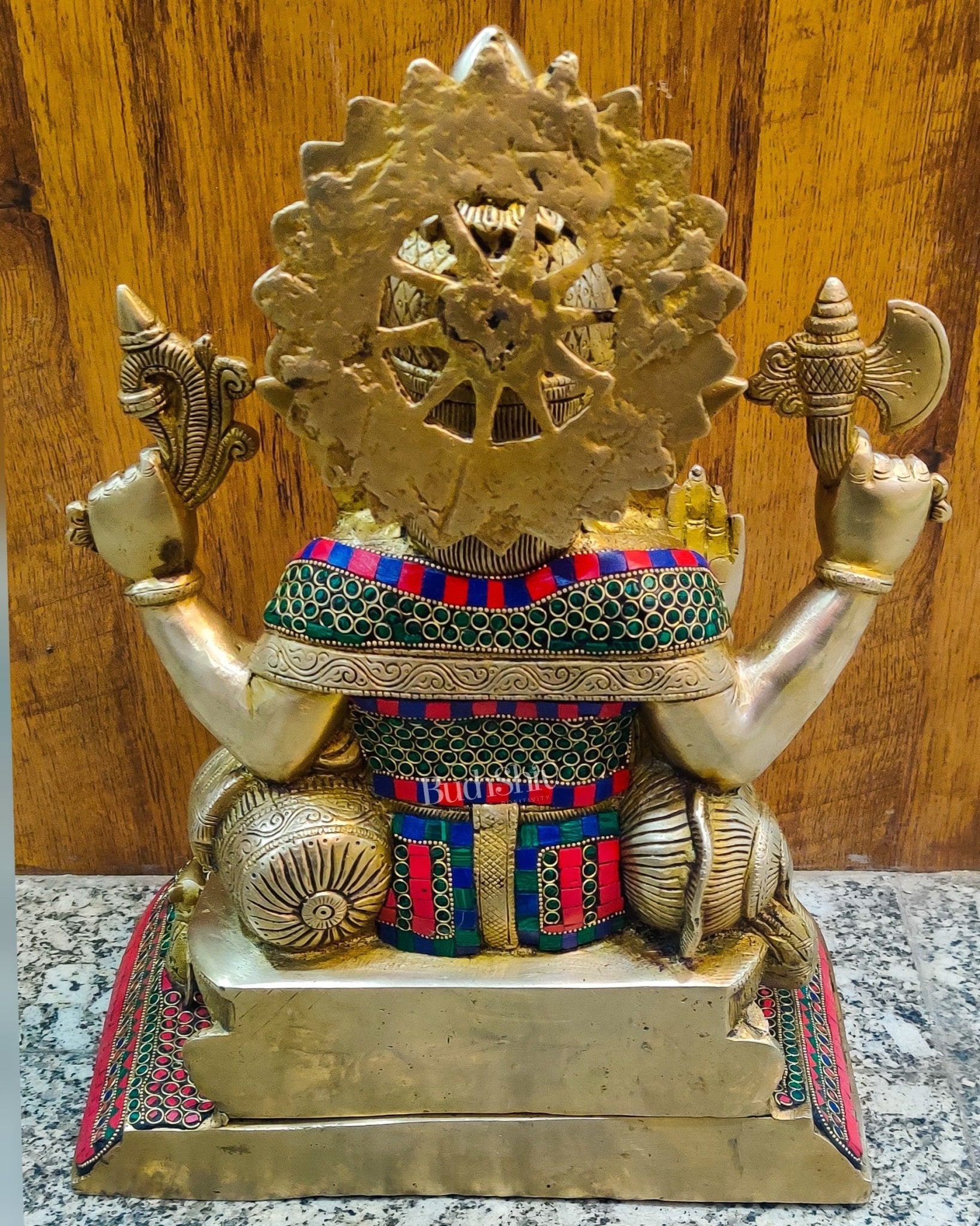 Handcrafted Brass Lord Ganesha Statue with Stonework - Big Size, Engraved Base 17"