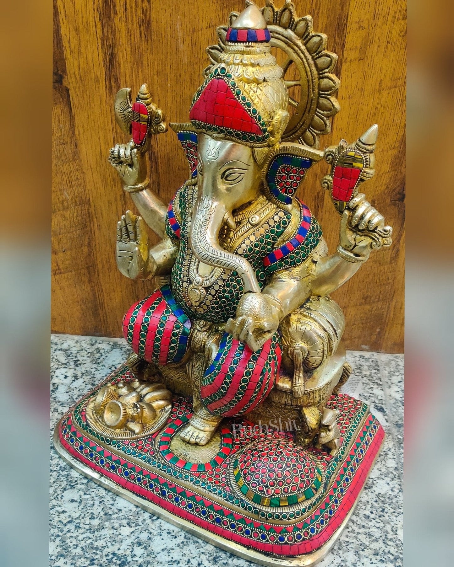 Handcrafted Brass Lord Ganesha Statue with Stonework - Big Size, Engraved Base 17"