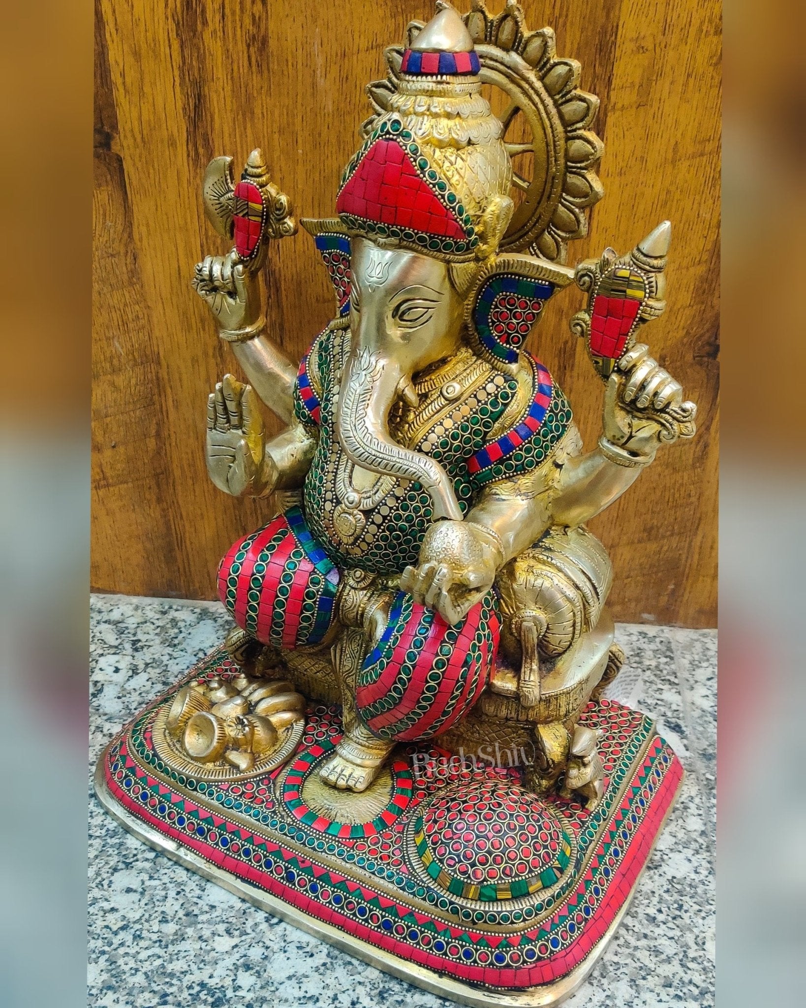Handcrafted Brass Lord Ganesha Statue with Stonework - Big Size, Engraved Base 17"