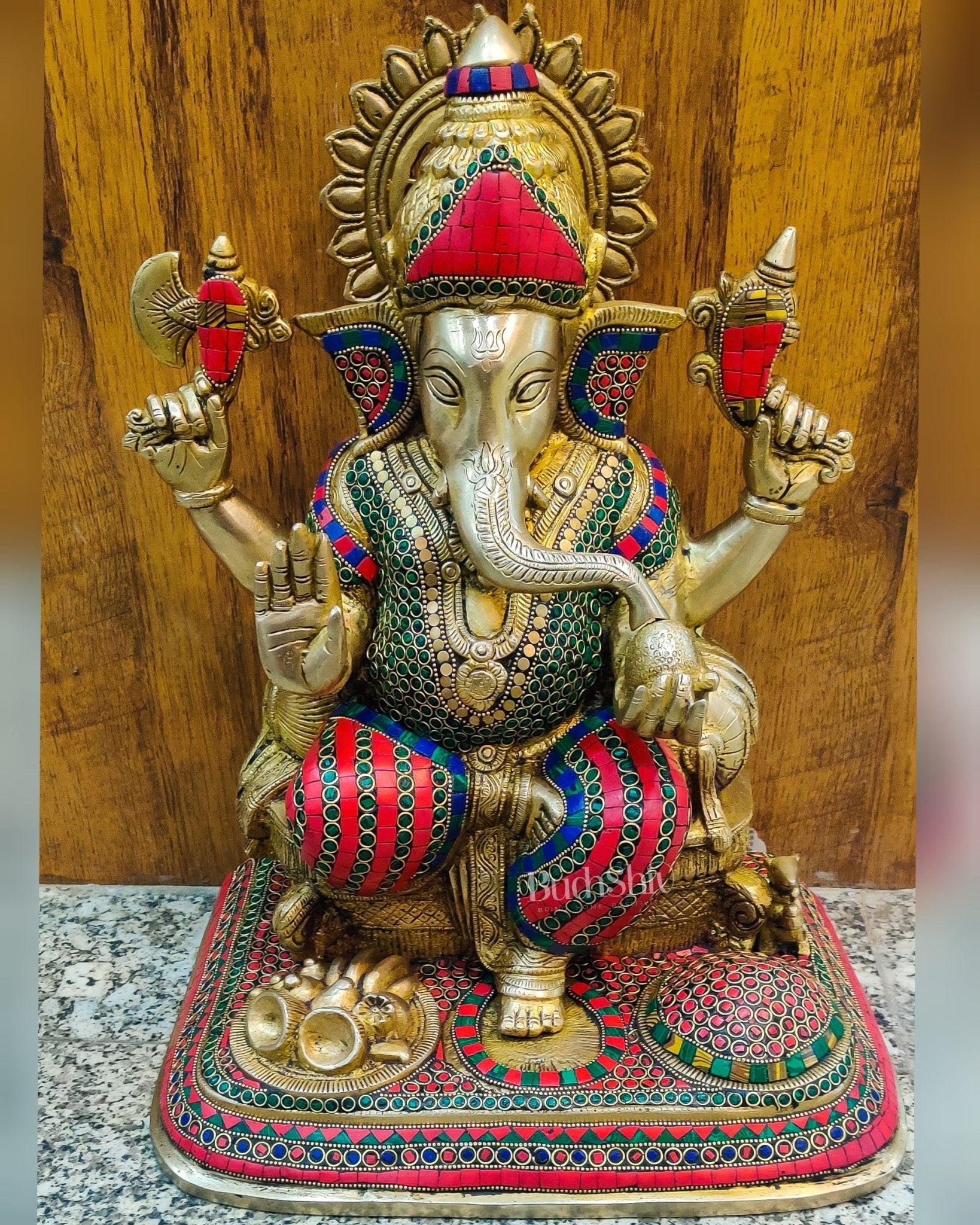 Handcrafted Brass Lord Ganesha Statue with Stonework - Big Size, Engraved Base 17"