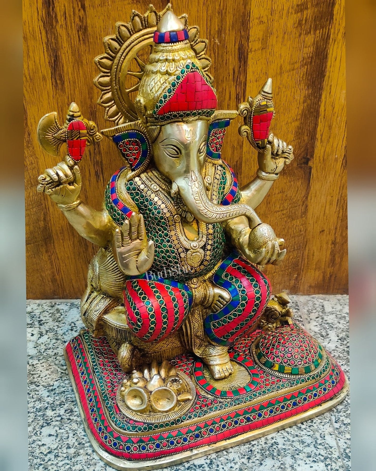 Handcrafted Brass Lord Ganesha Statue with Stonework - Big Size, Engraved Base 17"