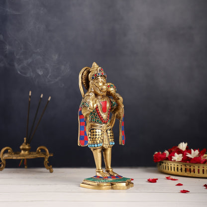 Handcrafted Brass Lord Hanuman Statue in Blessing Mudra - 8.5" Stonework