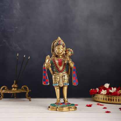 Handcrafted Brass Lord Hanuman Statue in Blessing Mudra - 8.5" Stonework