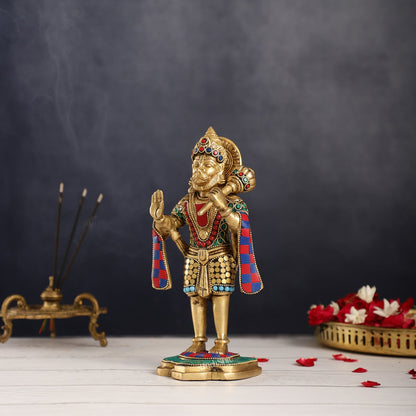 Handcrafted Brass Lord Hanuman Statue in Blessing Mudra - 8.5" Stonework