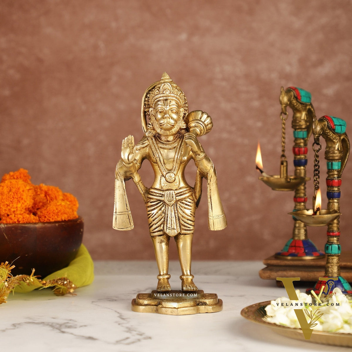 Handcrafted Brass Lord Hanuman Statue in Blessing Mudra - 8.5"