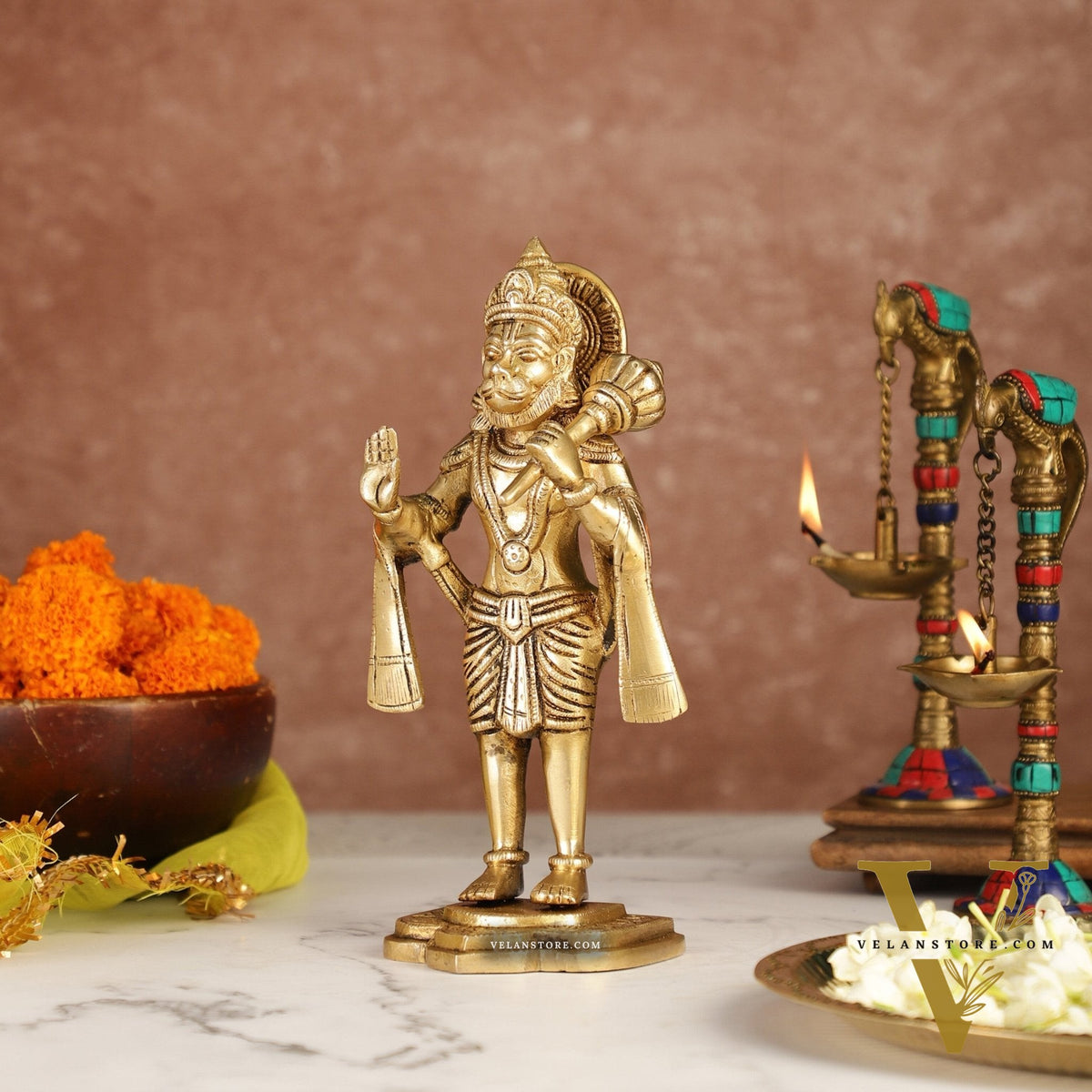 Handcrafted Brass Lord Hanuman Statue in Blessing Mudra - 8.5"
