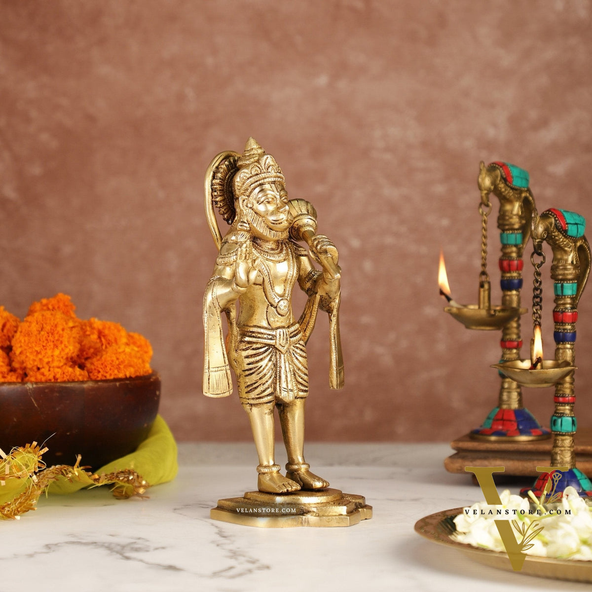 Handcrafted Brass Lord Hanuman Statue in Blessing Mudra - 8.5"