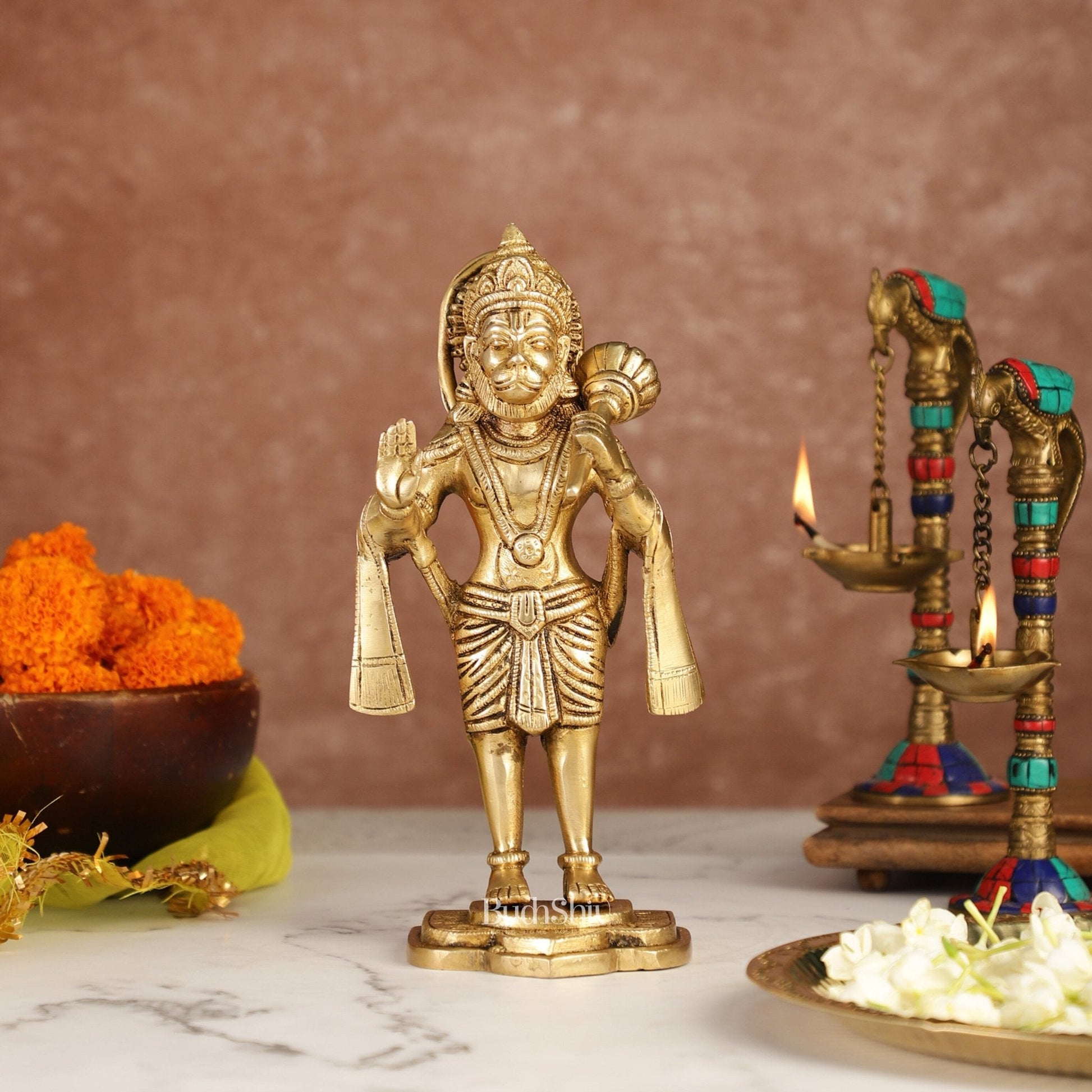 Handcrafted Brass Lord Hanuman Statue in Blessing Mudra - 8.5"