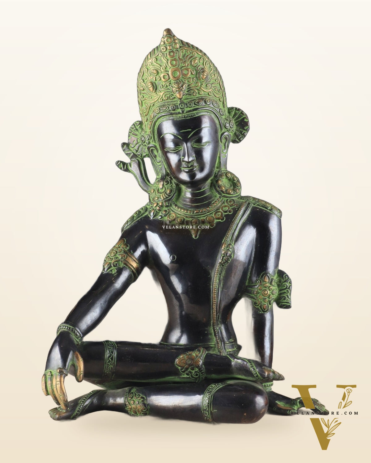 Handcrafted Brass Lord Indra Statue – Black and Green Finish, 14"