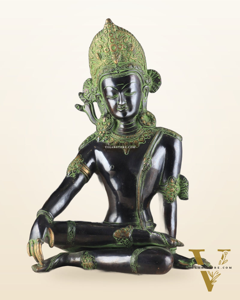 Handcrafted Brass Lord Indra Statue – Black and Green Finish, 14"