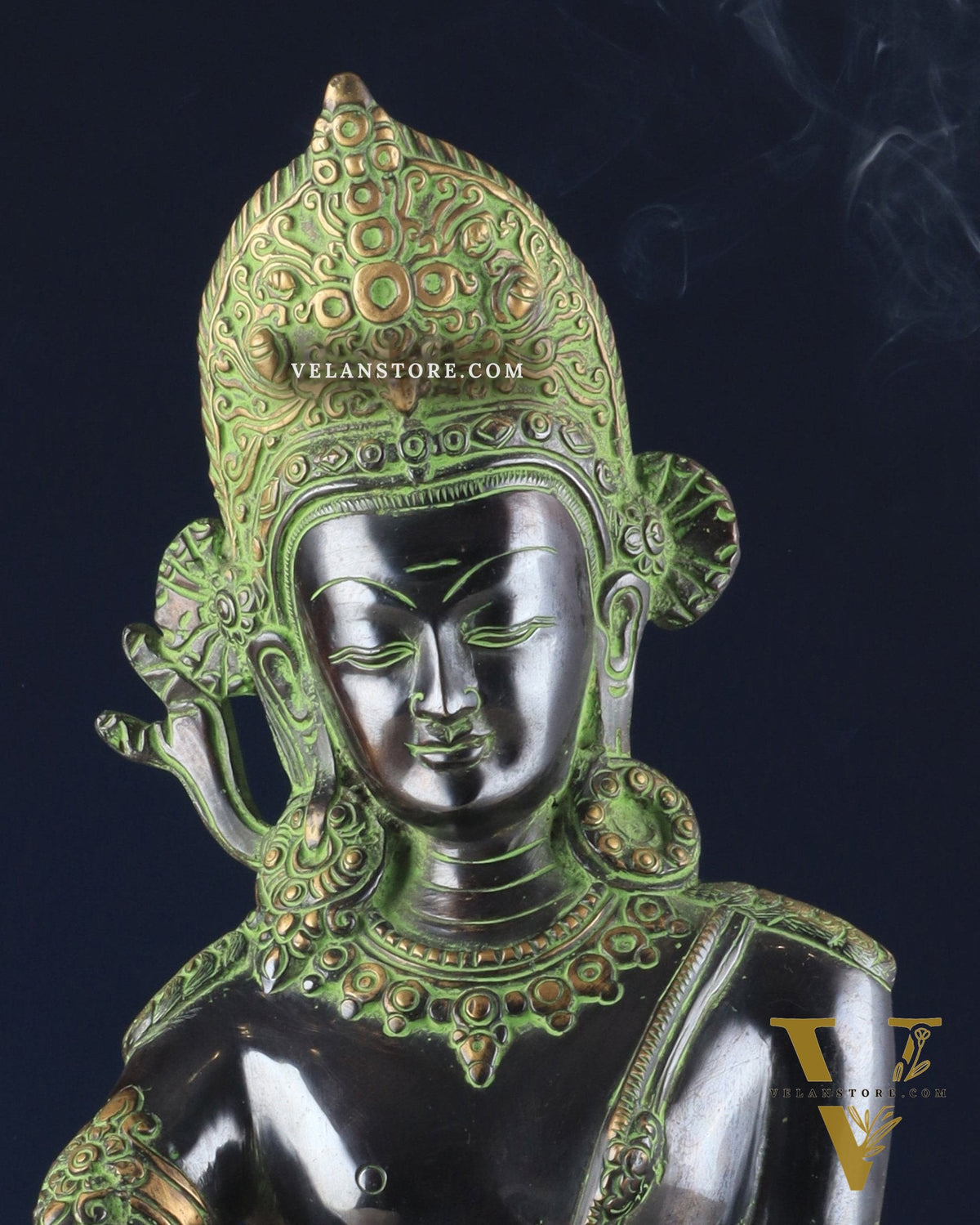 Handcrafted Brass Lord Indra Statue – Black and Green Finish, 14"