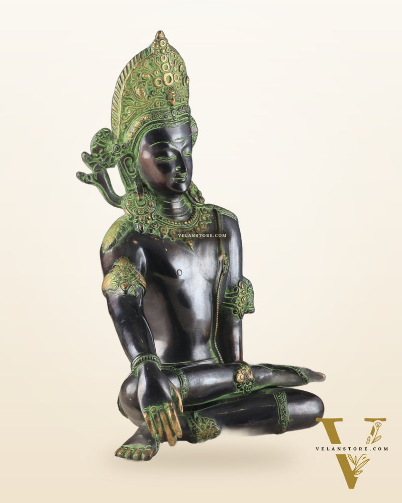 Handcrafted Brass Lord Indra Statue – Black and Green Finish, 14"