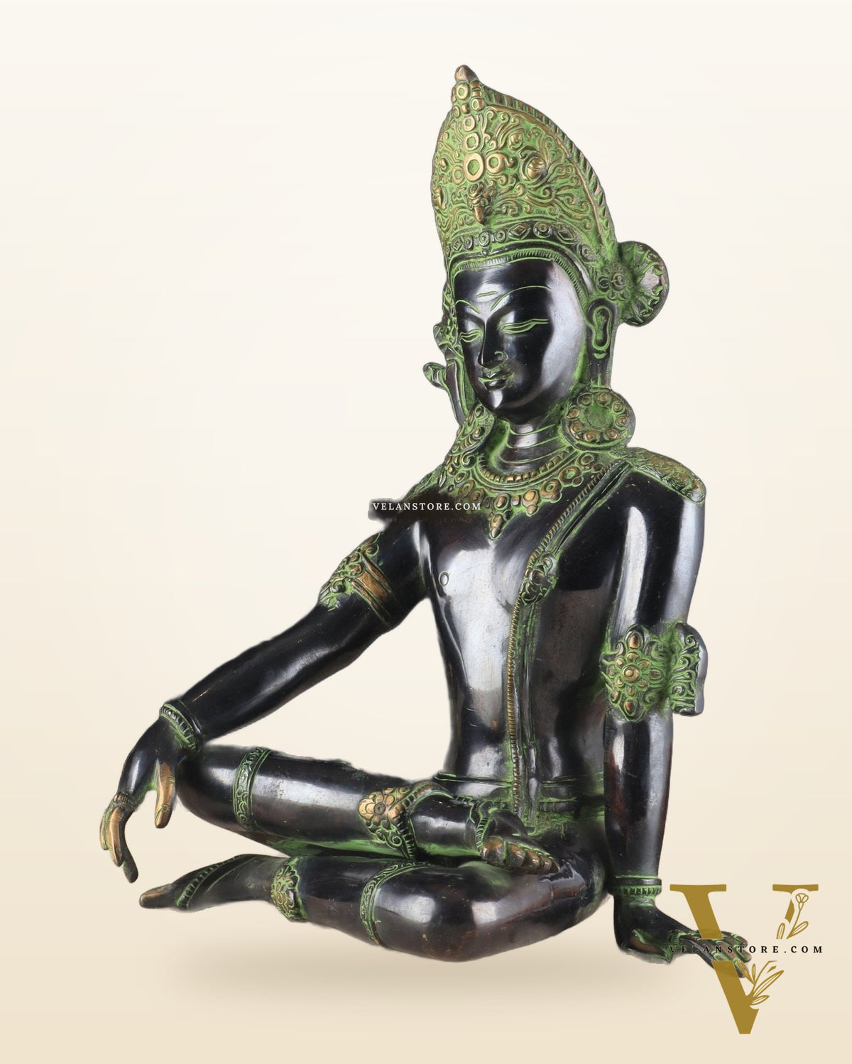 Handcrafted Brass Lord Indra Statue – Black and Green Finish, 14"