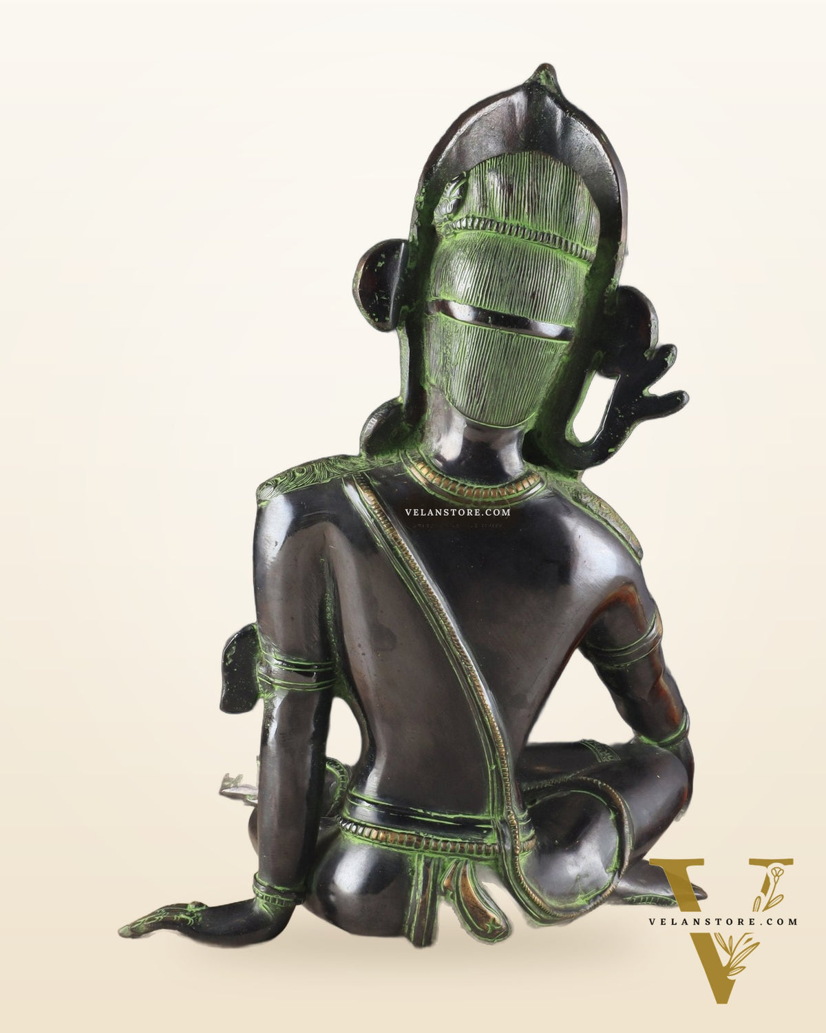 Handcrafted Brass Lord Indra Statue – Black and Green Finish, 14"