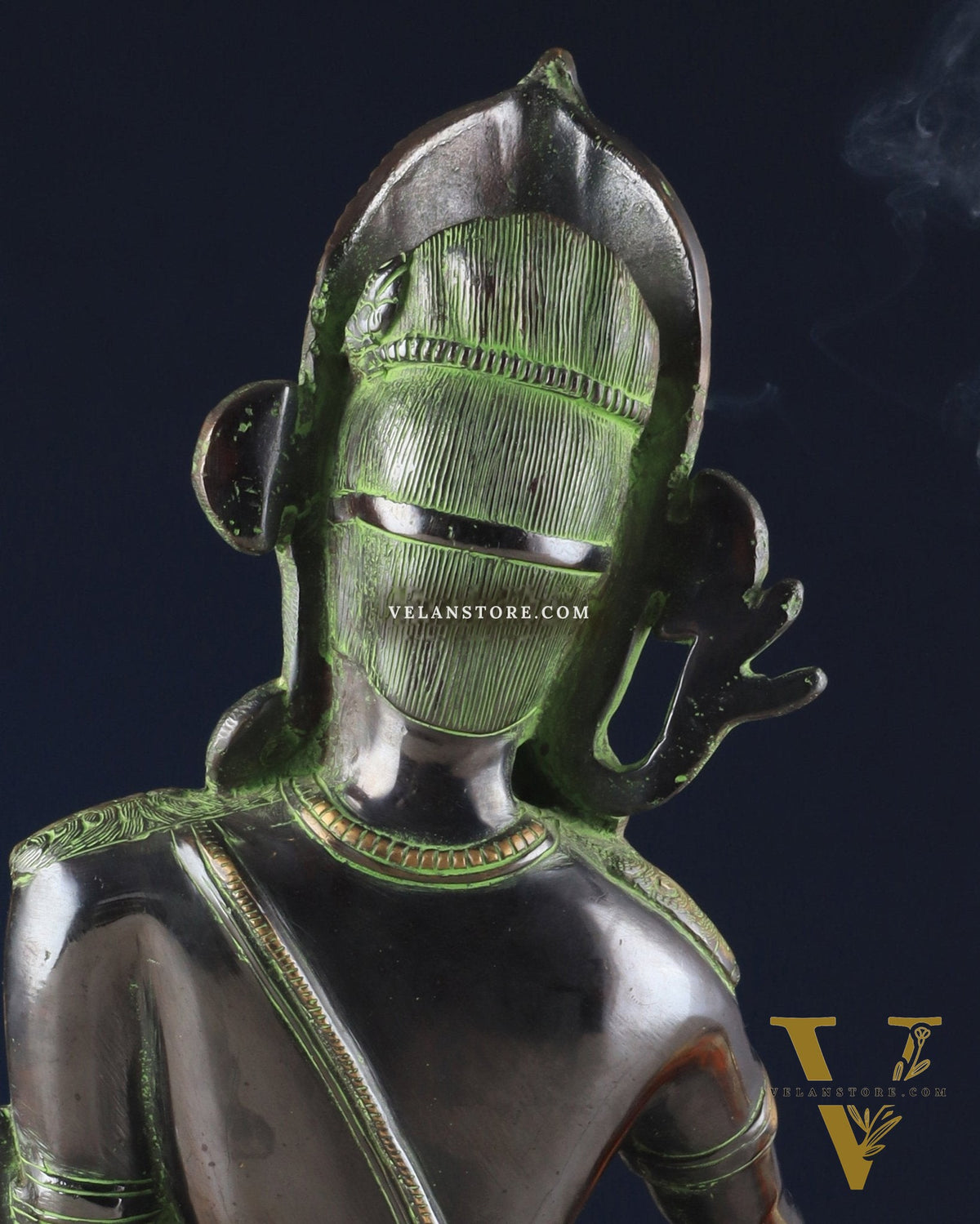 Handcrafted Brass Lord Indra Statue – Black and Green Finish, 14"