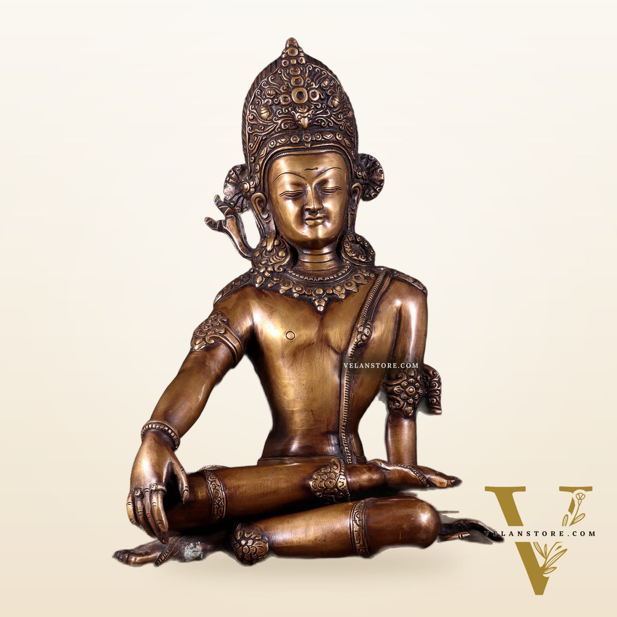 Handcrafted Brass Lord Indra Statue vintage tone , 14"