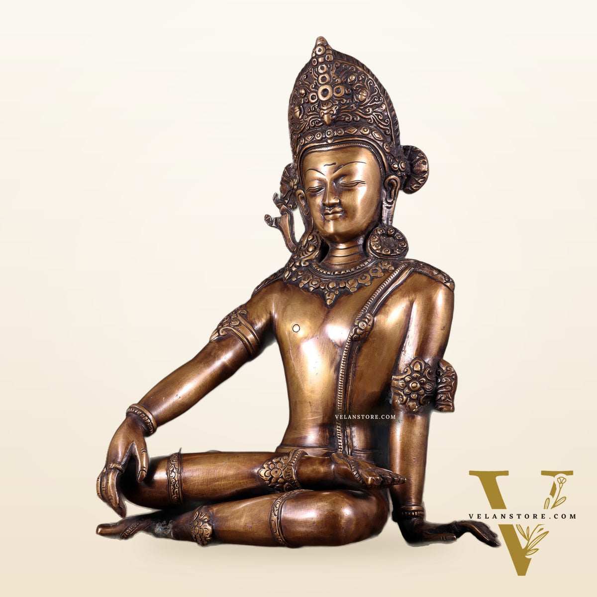 Handcrafted Brass Lord Indra Statue vintage tone , 14"