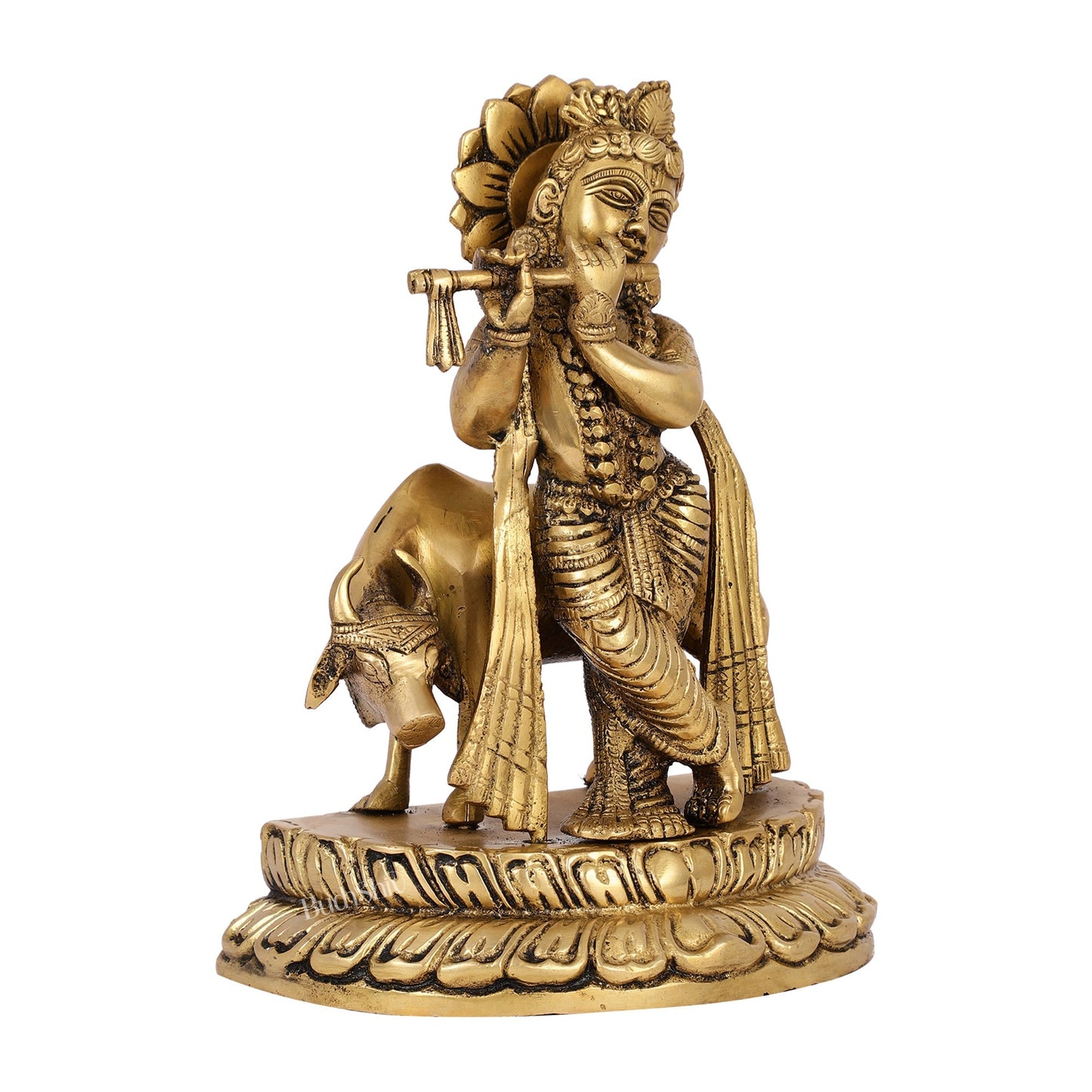 Handcrafted Brass Lord Krishna Playing Flute in Front of Cow | 9.5" Height