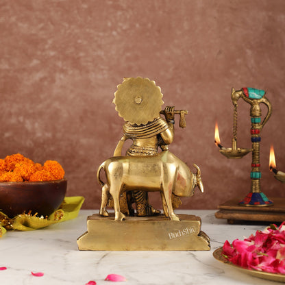 Handcrafted Brass Lord Krishna Playing Flute in Front of Cow | 9.5" Height