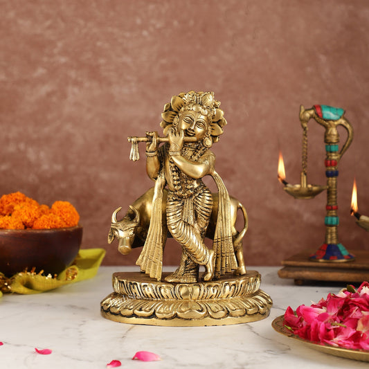 Handcrafted Brass Lord Krishna Playing Flute in Front of Cow | 9.5" Height