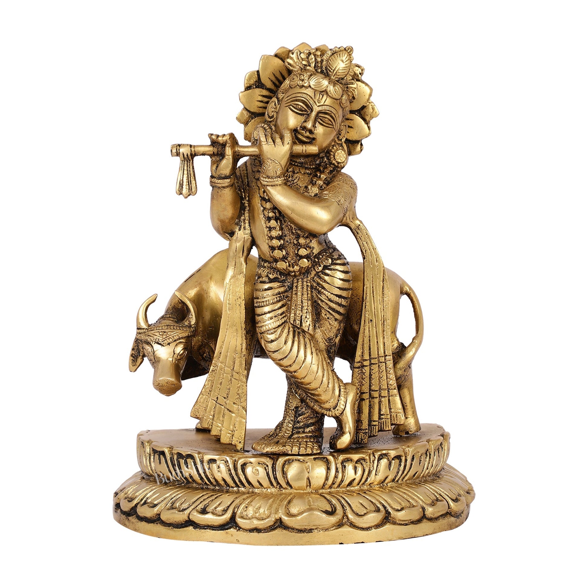 Handcrafted Brass Lord Krishna Playing Flute in Front of Cow | 9.5" Height