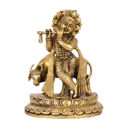 Handcrafted Brass Lord Krishna Playing Flute in Front of Cow | 9.5" Height
