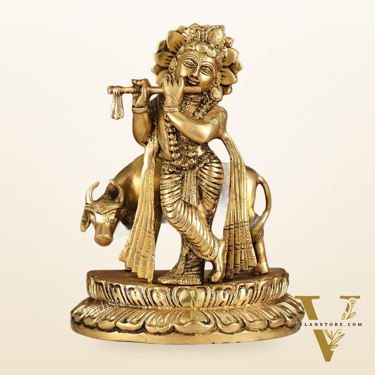 Handcrafted Brass Lord Krishna Playing Flute in Front of Cow | 9.5" Height