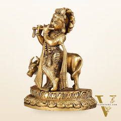 Handcrafted Brass Lord Krishna Playing Flute in Front of Cow | 9.5" Height