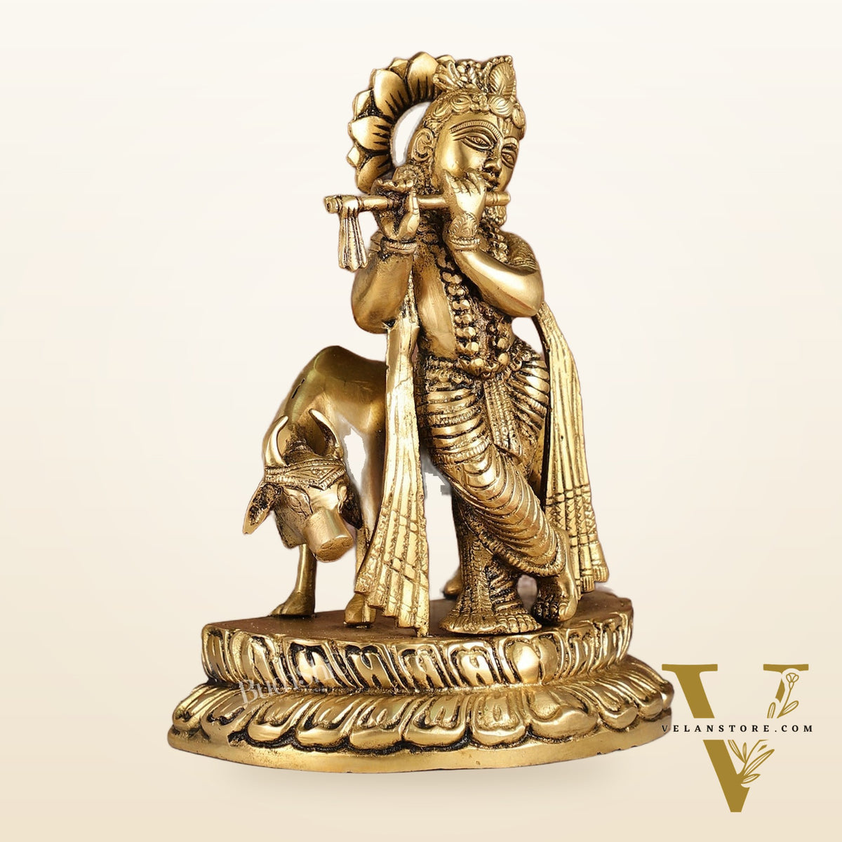 Handcrafted Brass Lord Krishna Playing Flute in Front of Cow | 9.5" Height
