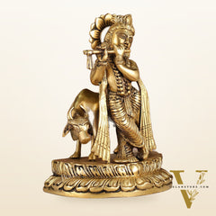 Handcrafted Brass Lord Krishna Playing Flute in Front of Cow | 9.5" Height