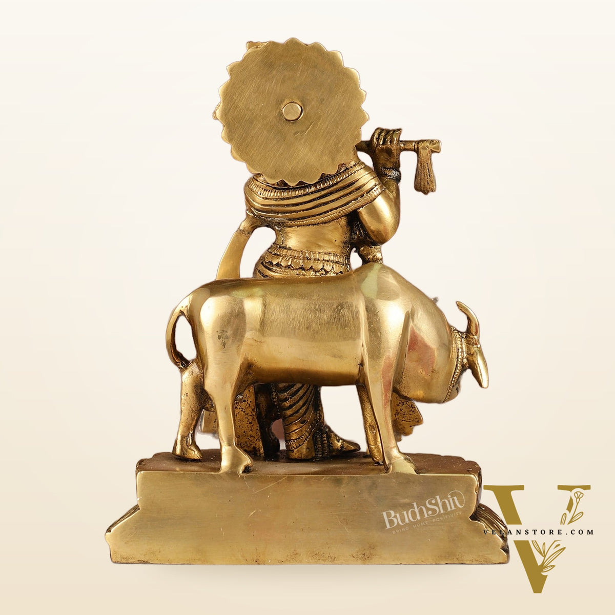 Handcrafted Brass Lord Krishna Playing Flute in Front of Cow | 9.5" Height
