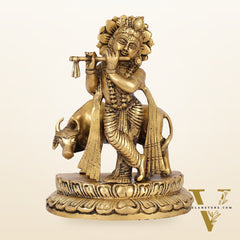 Handcrafted Brass Lord Krishna Playing Flute in Front of Cow | 9.5" Height