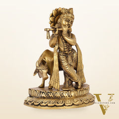Handcrafted Brass Lord Krishna Playing Flute in Front of Cow | 9.5" Height