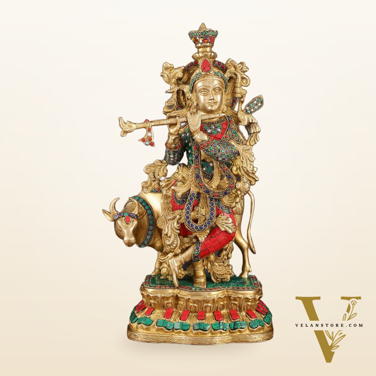Handcrafted Brass Lord Krishna with Cow Statue - 17 Inch